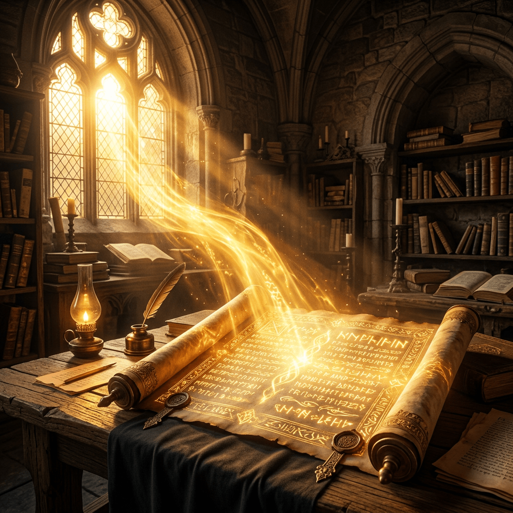 Ancient scroll glowing with magical runes on a wooden table